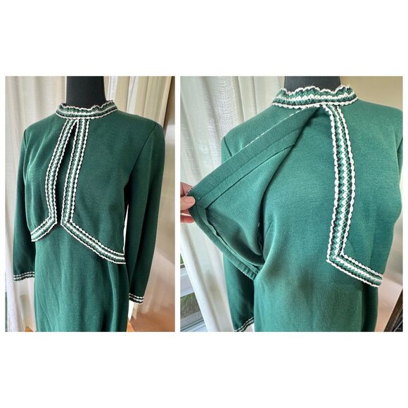 Vintage 60s dress, forest green, mock waistcoat, faux vest bodice, striped trim - Picture 3 of 10